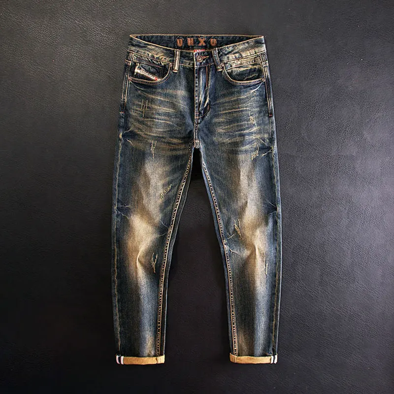 

Fashion Designer Men Jeans High Quality Retro Washed Blue Stretch Slim Fit Ripped Jeans Men Trousers Vintage Denim Pants Hombre