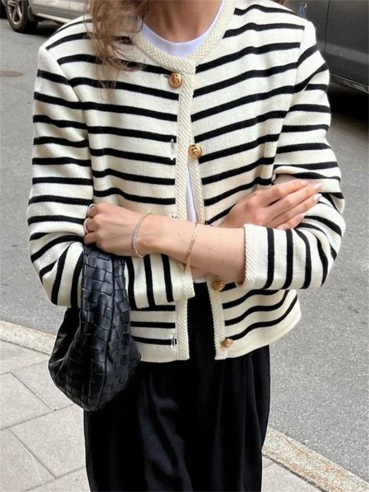 Suéter de punto a rayas, cárdigan, abrigo para mujer, suelto, de manga larga, a la moda, ajustado, con parches en contraste, prendas de vestir exteriores, abrigo de punto de verano
