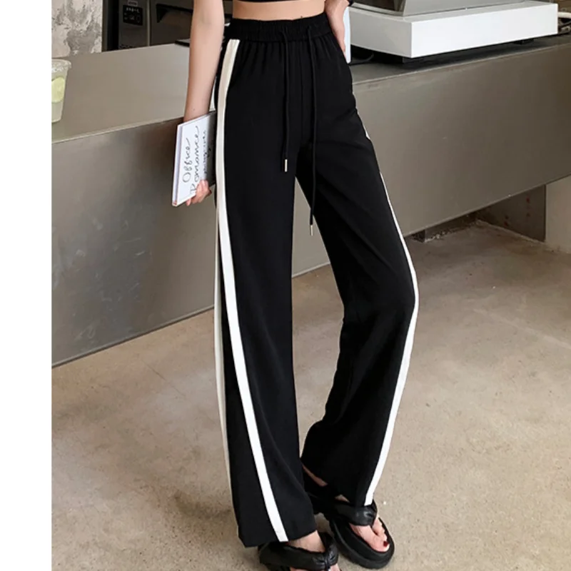 

Black Split High Waist Drawstring Sweat Pants Fashion Pocket Straight Wide Leg Pants Street Casual Baggy Mopping Trouser Ladies