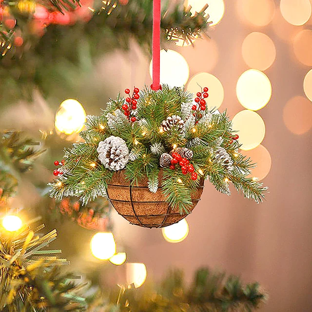 2PCS/set Wood Christmas Decor Hanging Basket Frosted Pine Cones Red Berries  Colorful Balls Hanging 2023 Xmas New Year Ornaments - AliExpress