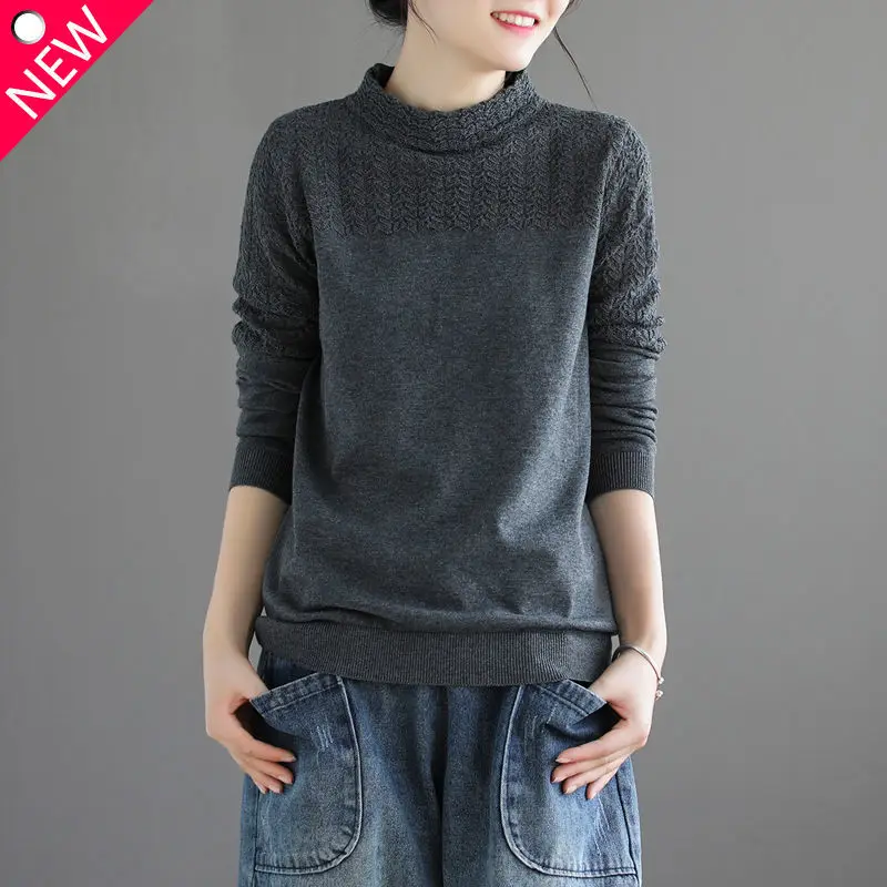 2023 Autumn and Winter New Temperament Women's Clothing Fashion Hollow Out Half High Neck Long Sleeve Solid Commuter Pullover