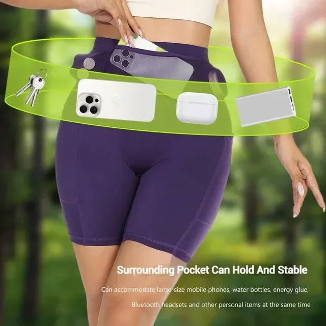 (S-XL)Women Quick Dry Marathon Running Tights with Back Zipper&Wrap Around Waist Pouch Compression Gym Yoga Fitness Sport Shorts