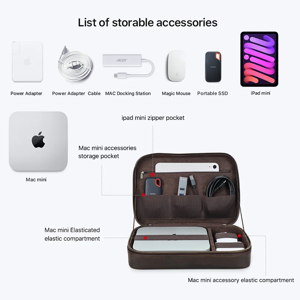 Genuine Leather Storage Case For Mac iPad  Mouse Earphone Electronic Accessories Travel Handbag Large Capacity Organizer Box