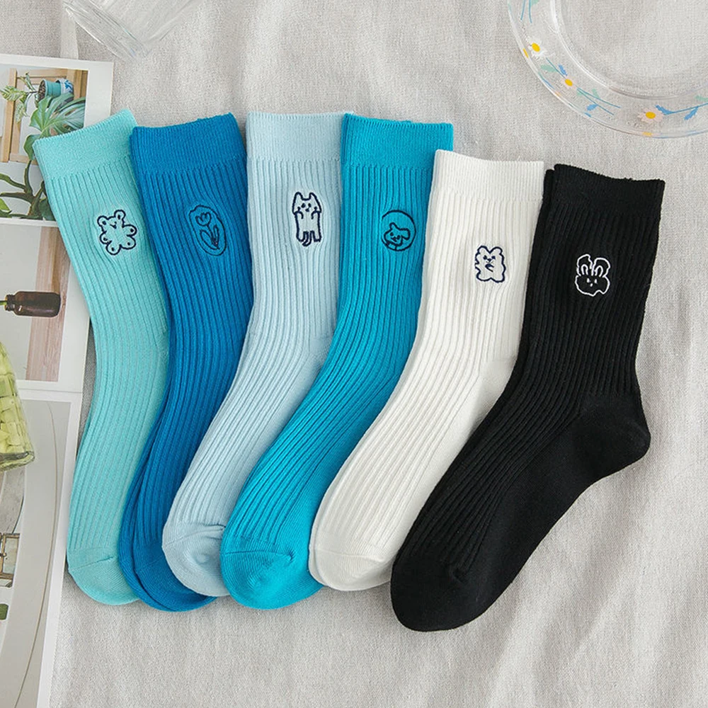 Socks Women Cute Cartoon Girl 2 Pairs Pure Color Sports Socks Cotton Middle Tube Breathable Sock Wild Ins Comfortable Home Socks