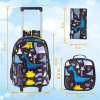 3PCS Kids Rolling Backpack, Boys Roller Wheels Bookbag, Wheeled School Bag with Lunch Bag - Dinosaur 3