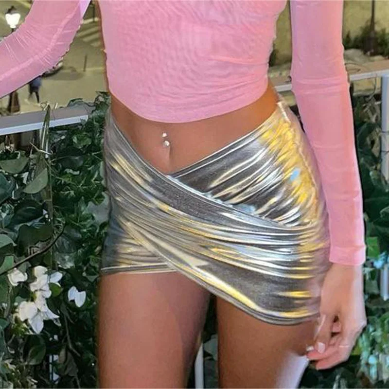 

Women Low Rise Wrap Hip Short Skirt Sexy Silver Cross Skinny Mini Skirts 2023 Summer Beach Lolita Fairy Grunge Streetwear