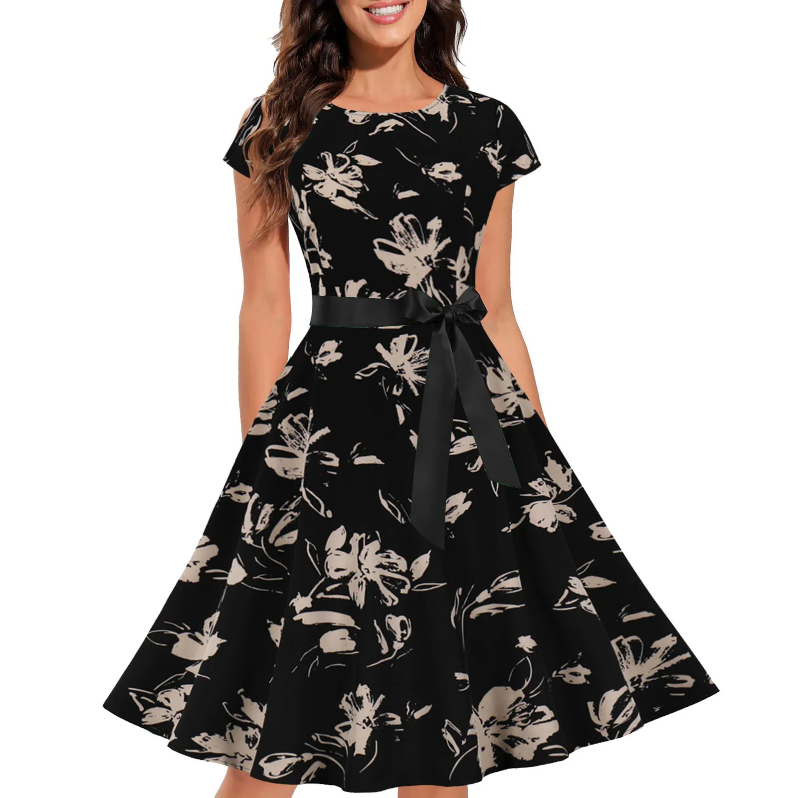 Vintage Print Dress Short Sleeve Round Neck Waist Aline Dress
