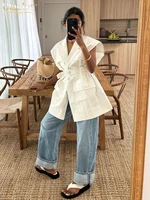 Clacive Fashion Loose White Cotton Women's Shirt 2024 Elegant Lapel Sleeveless Shirts Casual Classic Solid Top Female Clothing - Image 2