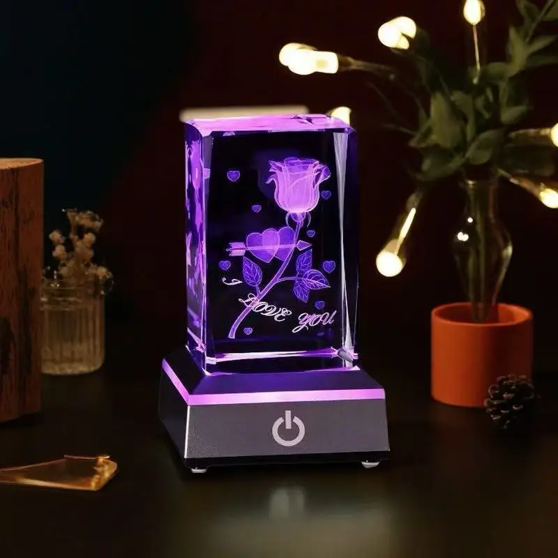 3D 입각 크리스탈 장미 피규어(LED 조명 포함), 독창적인 데스크탑 장식 생일 선물