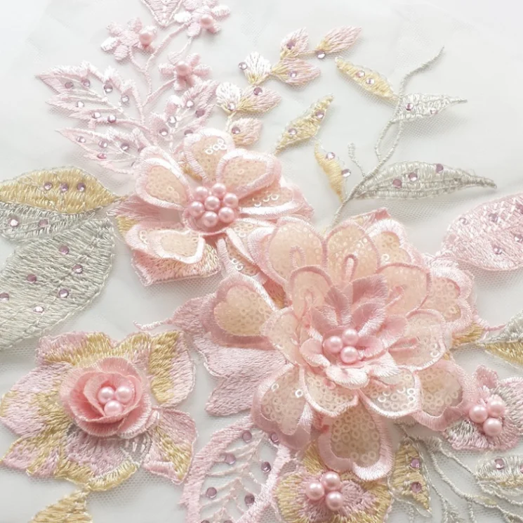 1 PC 핑크 꽃 공예 꾸밈 의류 모티브 자수 넥 라인 레이스 칼라 DIY 바느질 트림 Applique 패브릭 액세서리