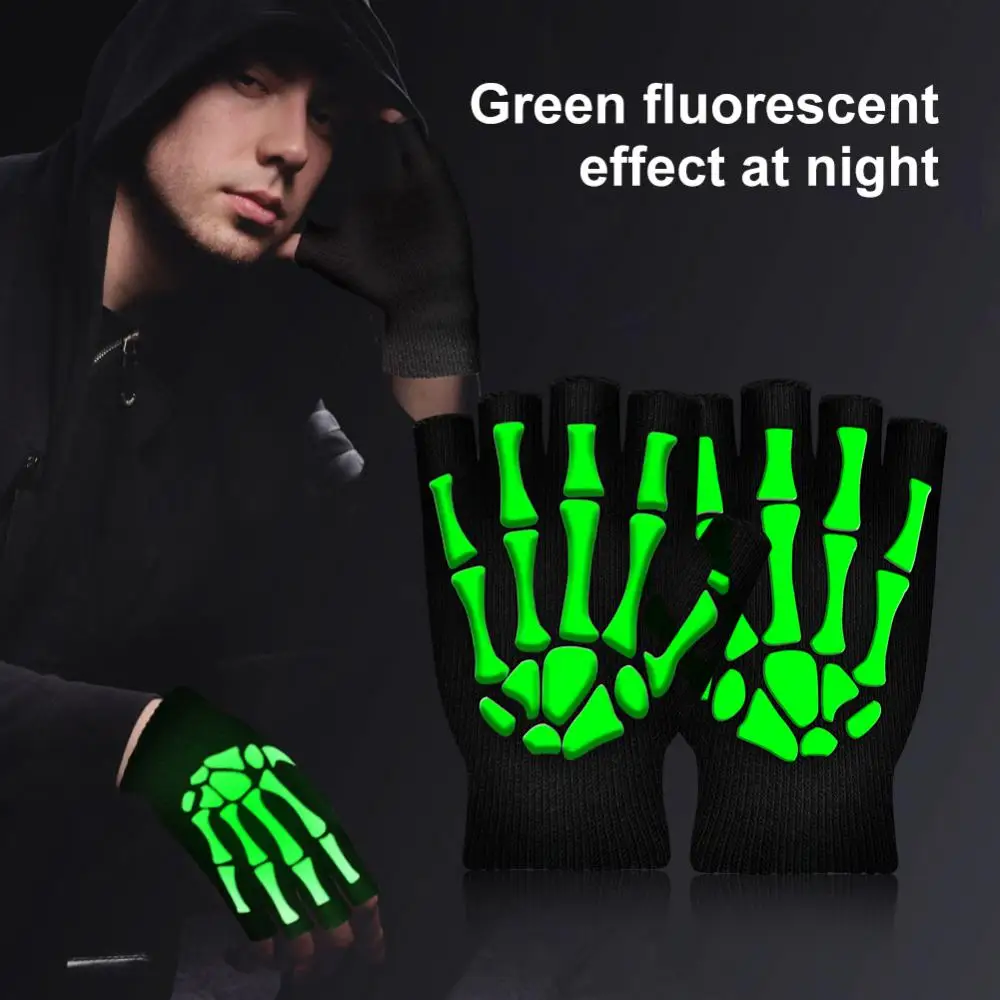 Fingered Gloves Halloween Horror Skull Claw Bone Skeleton Punk Gloves Men Holiday Party Luminous Cycling Half Finger Gloves 5