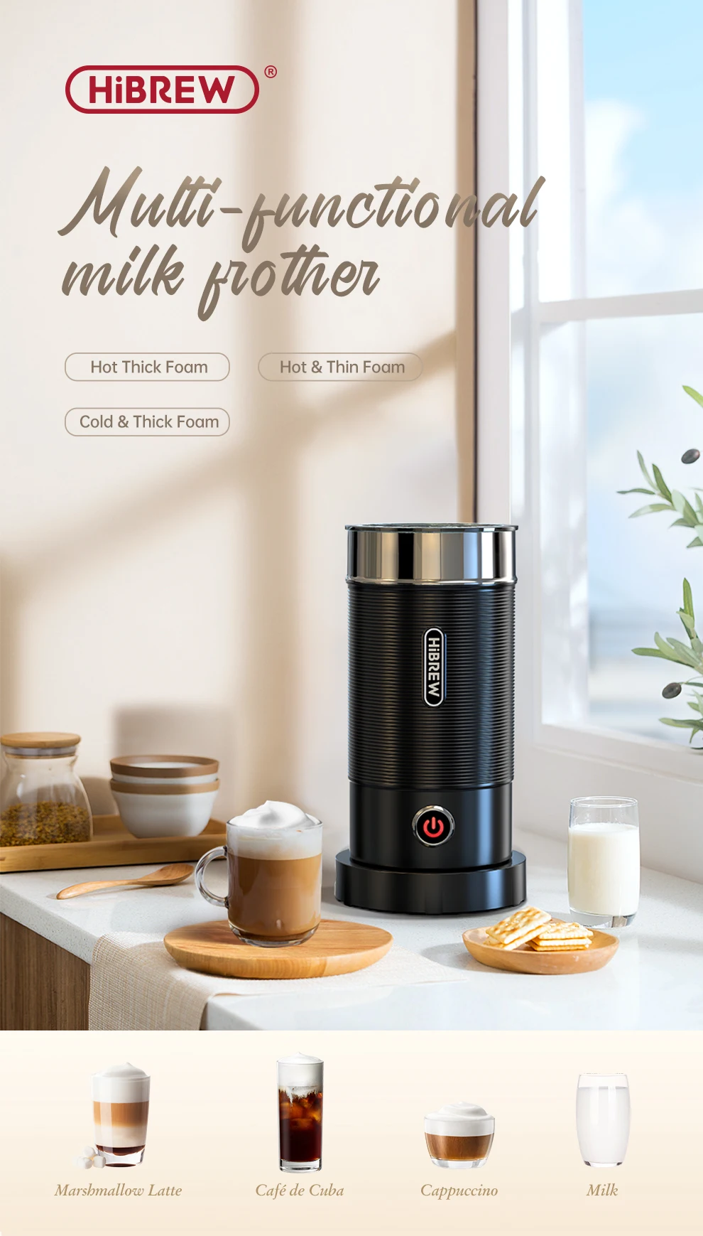 HiBREW Electric Milk Frother Frothing Foamer Chocolate Mixer Cold/Hot Latte Cappuccino Fully Automatic Milk Warmer Cool M1A