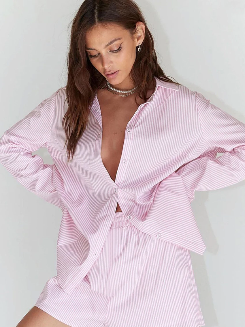 Marthaqiqi Casual Women Nightgowns 2 Piece Set Turn-Down Collar Nightwear Long Sleeve Pajamas Shorts Loose Ladies Sleepwear Suit