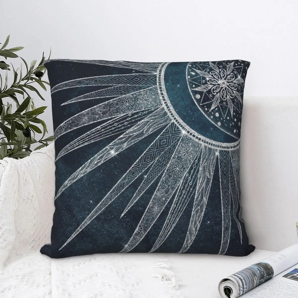 

Elegant Silver Sun Moon Doodle Mandala Blue Pillowcase Printing Fabric Cushion Cover Decorative Pillow Case Cover Home Zippered