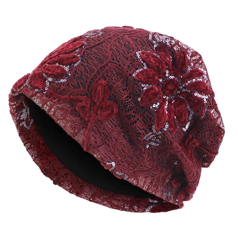 Neue Herbst Frühling Frauen Pailletten Skullies Beanie Hüte Spitze Doppel schicht Floral Hut Krebs Chemo Caps Motorhaube Muslimischen wrap Kopf Kappe – Detail 6