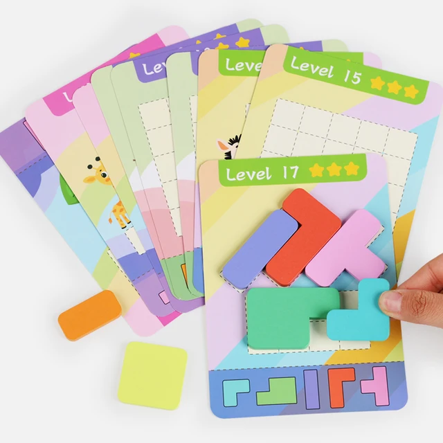 Wooden Educational Puzzle Toy, Wooden 7 Colored Building Blocks & 9 Double-sided Challenge Cards, Exercise Thinking Ability Game 4