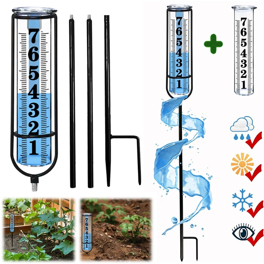 Outdoor Accurate Rain Gauges Large Clear Number Adjustable Height with Thickened Plastic Tube & Metal Stake for Yard Lawn Garden
