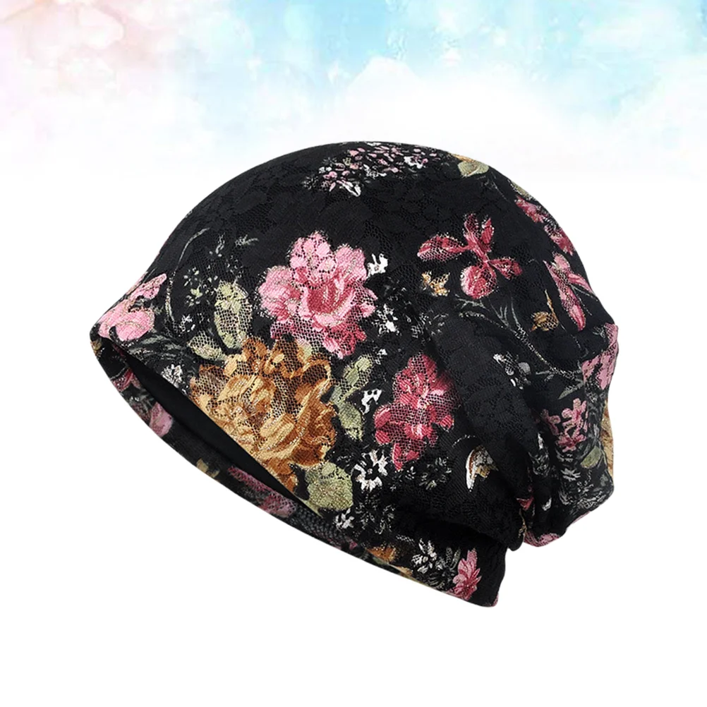 

Chemo Cap Hat Chemo Headwear Flower Pattern Night Cap Wide Band Cotton Bonnet for Hair Hair Care Cap Black