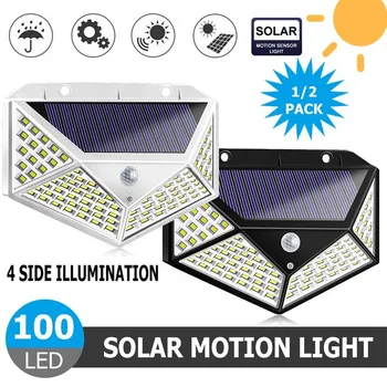 100/114 LED 태양광 벽 조명, 4 면 발광 태양광 조명, 인체 유도 방수, 에너지 절약 LED 가로등, 야외