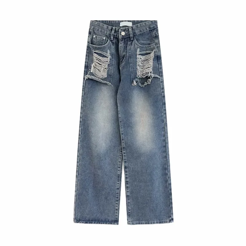 Винтажные прямые джинсовые брюки с широкими штанинами, промытыми карманами, завышенной талией