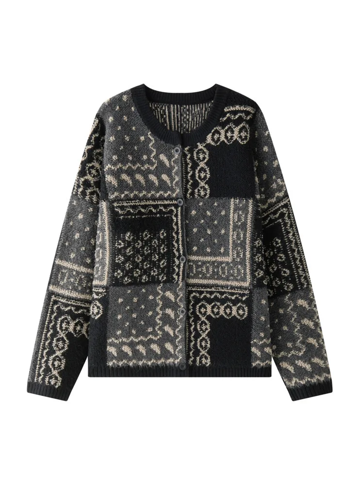 [LANMREM] Print Design Contrast Color Knit Sweater For Women Round Neck Long Sleeve Cardigan Coats 2025 Spring New 26C1702 5