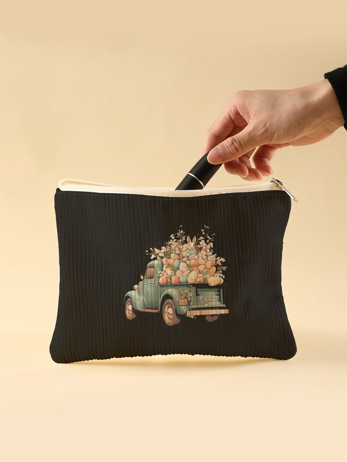 Women's Corduroy Travel Cosmetic Bag Portable Large Capacity Makeup Storage Organizer Zipper Clutch Purse Make up Bag