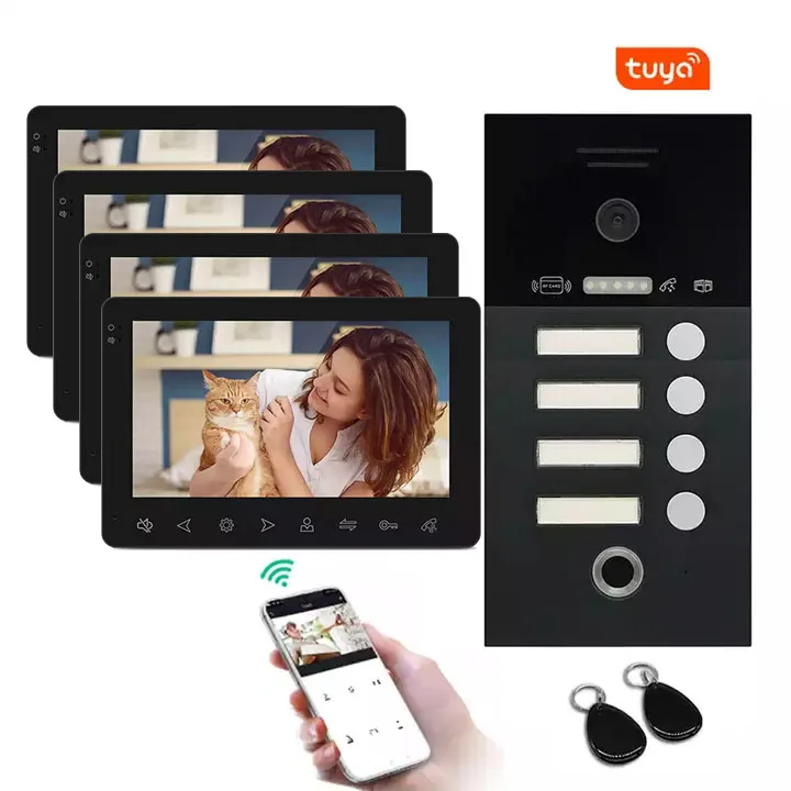 

Tuya Smart App Control IP Wifi Video Door Phone Intercom Doorbell Fingerprint Access Card Access DC 12V For 4 Apartments