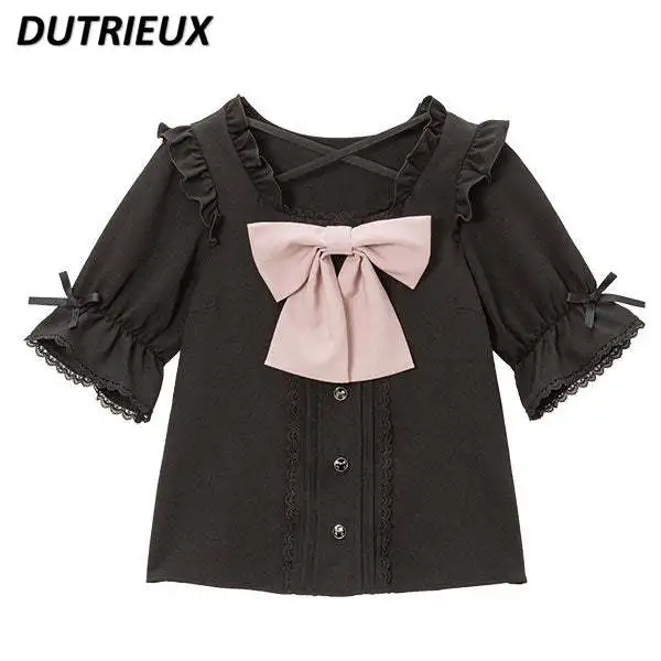 

Japanese Style Rojita Shirt Women Elegant Sweet Bow Design Ruffled Short Sleeve Blouse 2023 Summer New Girl Top Camisa Feminina