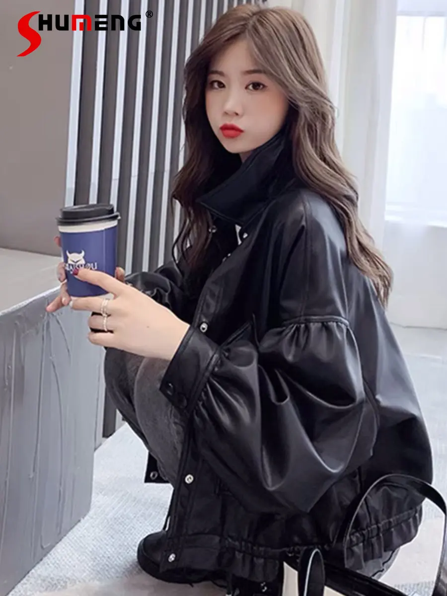 

Fashionable Simple Black Leather Coat for Women 2023 New Spring Retro Loose Casual Short PU Leather Jacket Cool Female Casacos