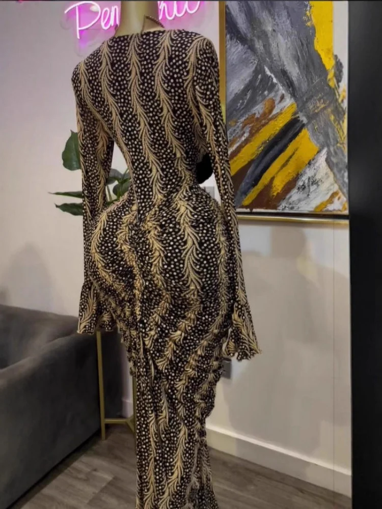 Wmstar Women Dress Wholesale Strapless Long Sleeved Printed Long Dress with Pleated Party Cocktail Party Dress Drop Shopping