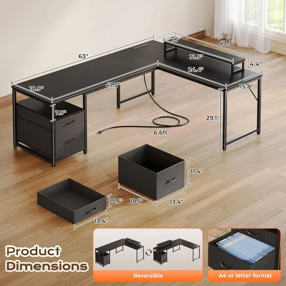 63 Inch L-Shaped Desk with Power Outlets, USB-C Port, Fabric Drawers & Movable Monitor Stand for Home Office Gaming Work