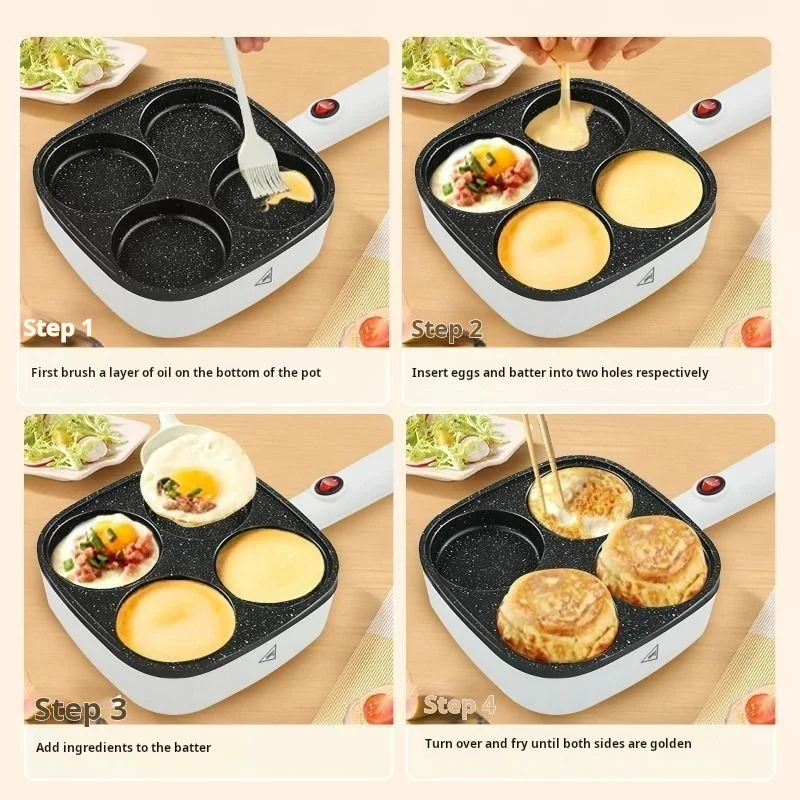 Four hole fried egg and meat burger, plug-in burger machine, flat bottomed non stick pan, electric pancake maker, household brea