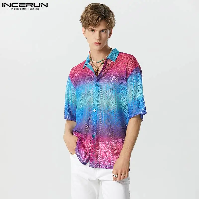

INCERUN Men Shirt Mesh Transparent Lapel Short Sleeve Tie Dye Gradient Camisas Streetwear 2023 Loose Fashion Casual Men Clothing
