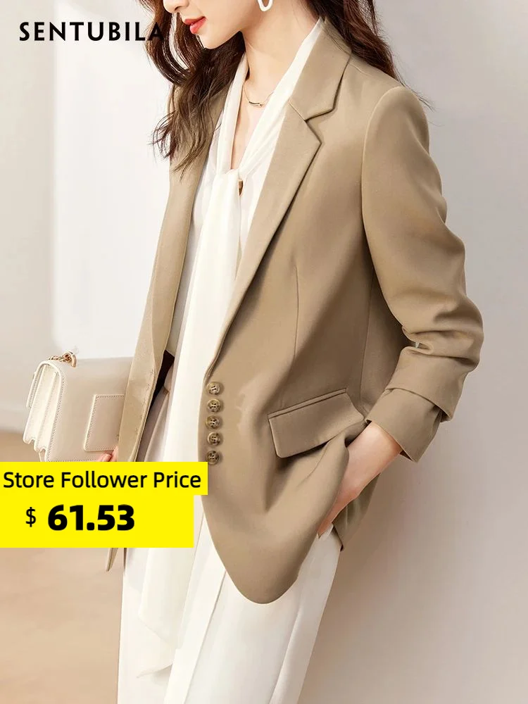 

Sentubila Office Ladies Khaki Casual Blazer Jackets for Women 2023 Spring Loose Long Sleeve Button Split Work Professional Suit