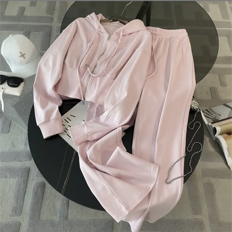 

Pink Knitted hoodie+pants set spring/autumn/winter 2-piece set waistband, wool knitted slim fit top, women's slim knit pants set