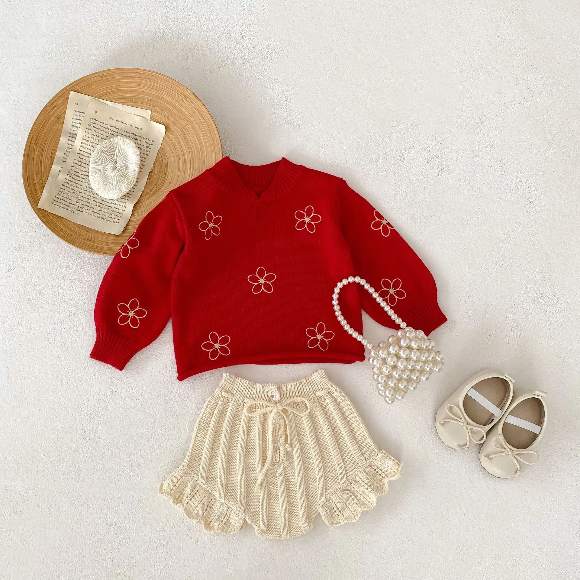 

2023 Autumn New Baby Sweater Sets Toddler Girls Knit Embroidery Sweater Flower Tops+Shorts 2 Piece Kids Knitwear Matching Outfit