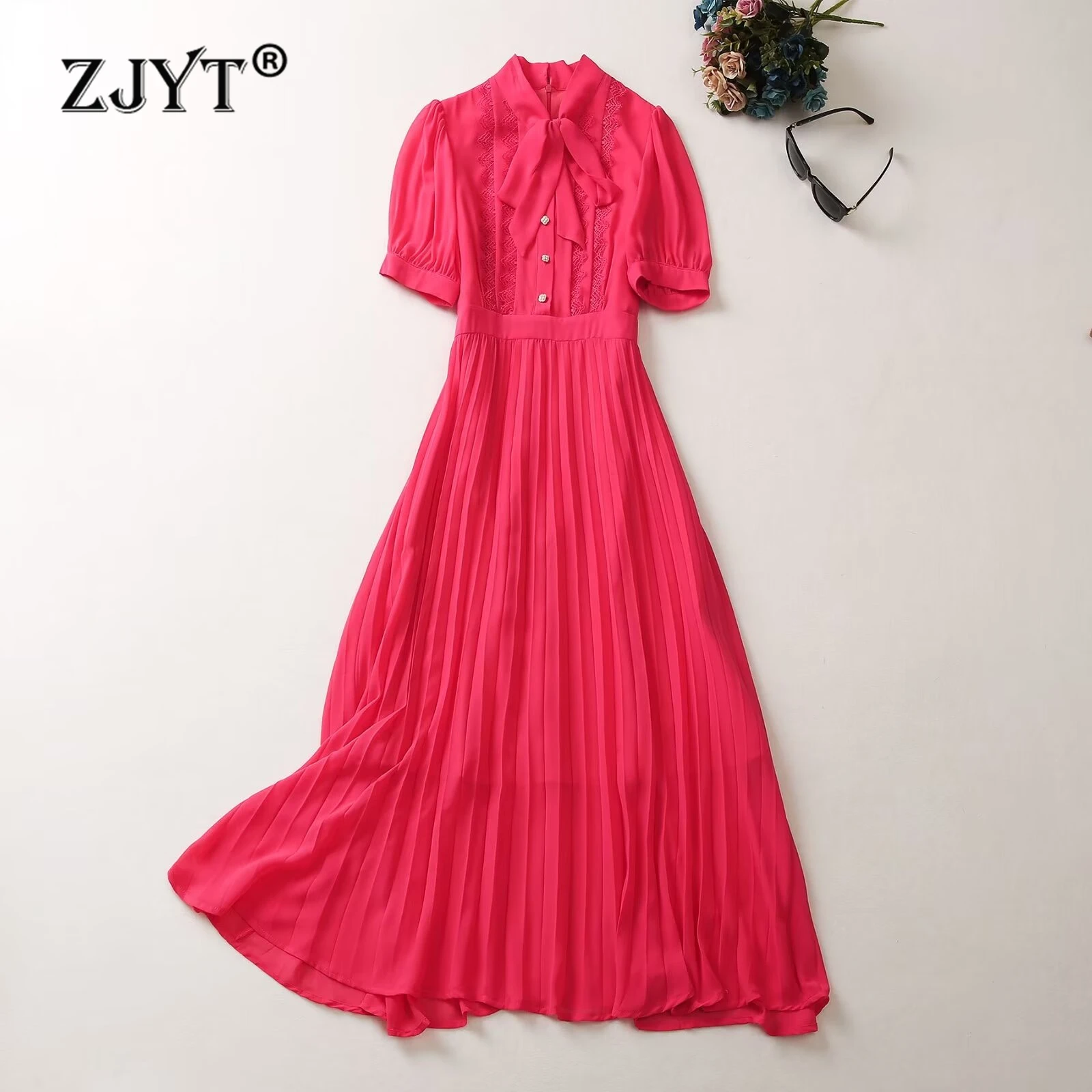 

ZJYT Runway 2024 Summer Chiffon Long Pleated Dress Elegant Women Bow Collar Short Sleeve Holiday Dresses Lace Spliced Vestidos