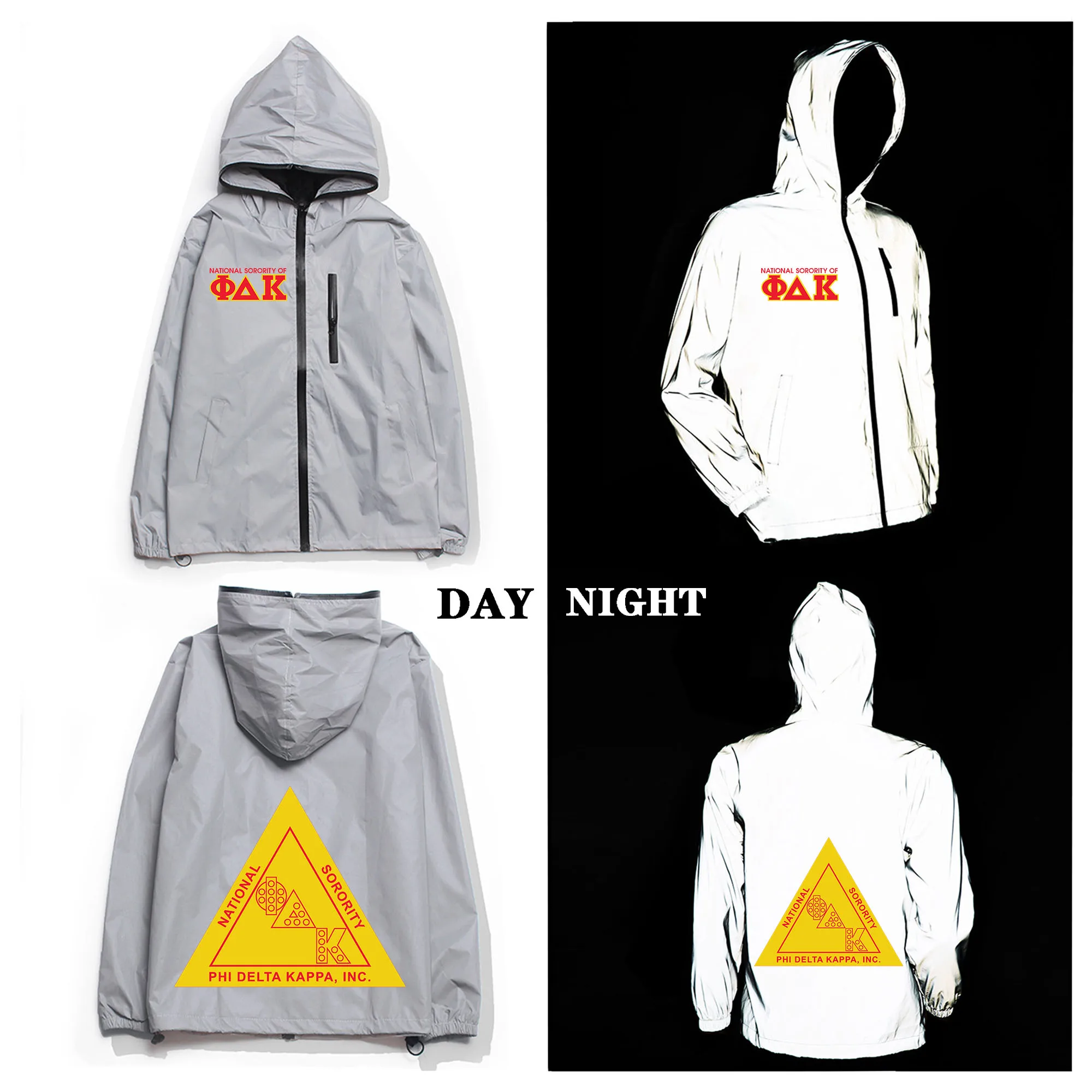 Phi Delta Kappa Reflective Jacket Mens Womens Coat Hooded Windbreaker Run Pocket Jackets Cycling Hiking Zipper Custom Hoodie
