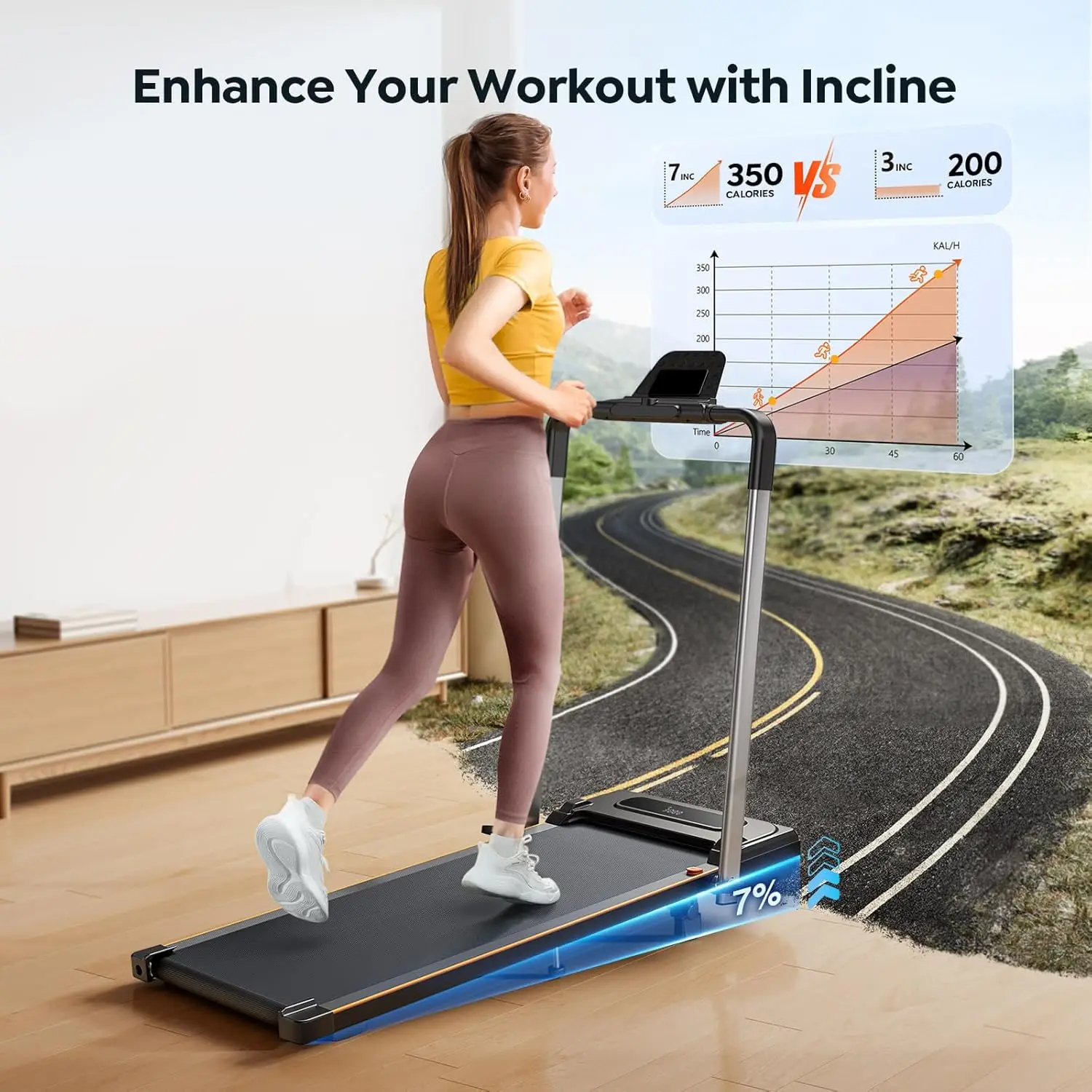 Treadmill with 7% Incline, Portable Under Desk Folding Walking Pad 0.6-7.5mph with Handle, Remote and App, 265lbs,No As