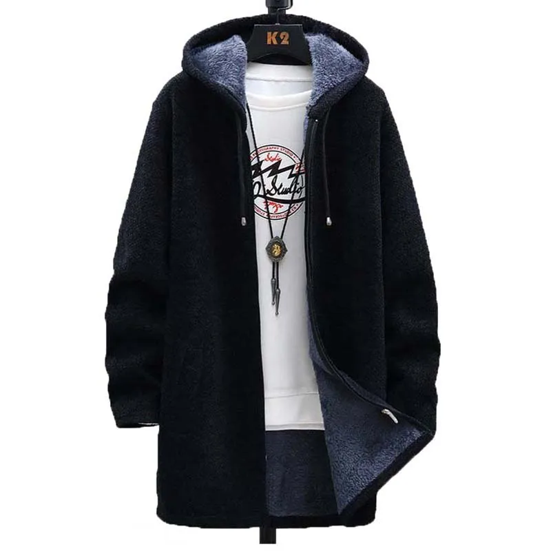 FALIZA Winter Mens Sweaters Coat Warm Thick Wool Cardigan Long Solid Hooded Zipper Knitted Jackets Male Casual Knitwear MXY112