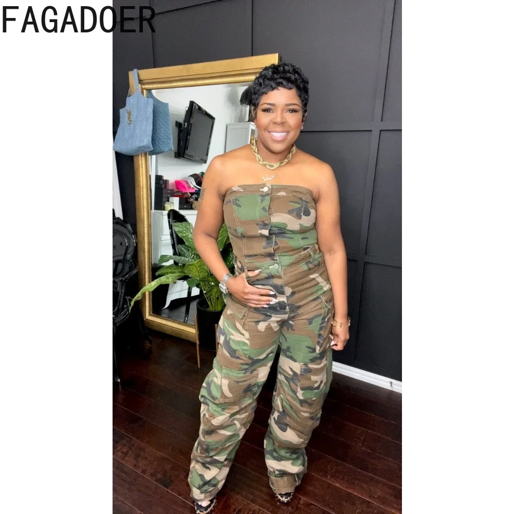 FAGADOER 여성용 위장 빈티지 포켓 카고 바지 점프수트, 스트랩리스 버튼 캐주얼 플레이수트, 와이드 레그 팬츠 롬퍼, 가을