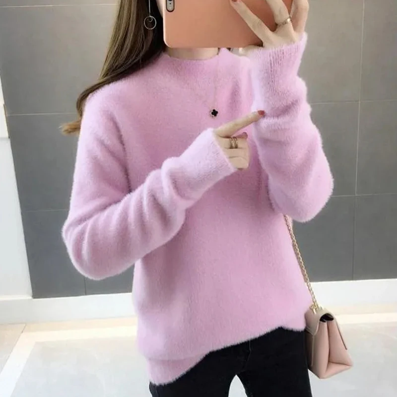 turtleneck JMPRS Pullover Women Sweater Winter Thick Faux Fur Half Turtleneck Knitted Jumper Autumn Loose Solid Fashion Warm Tops red sweater Sweaters