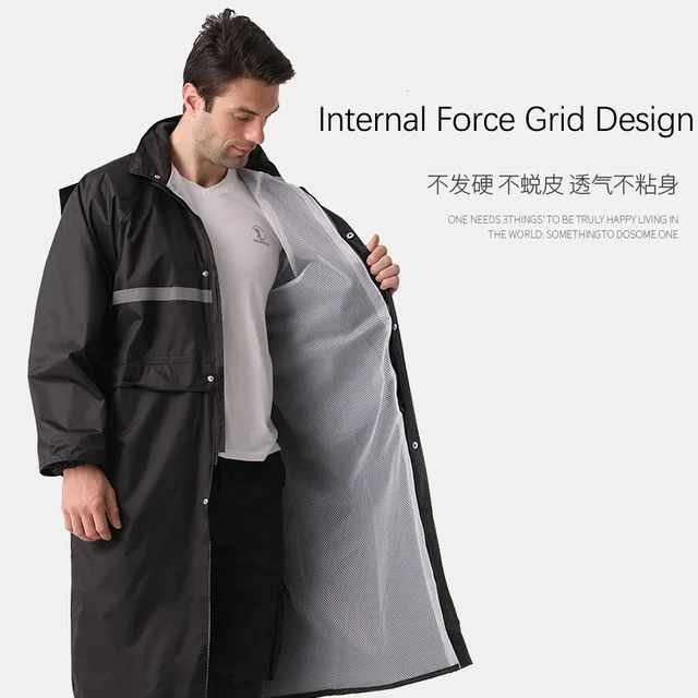 Megvastagodott, Hosszú Férfi Vízálló Esőkabát Fekete Divat Felnőtt Egy Darabból Álló Kapucnis Hálóbéléssel Eső Poncsó - Image 3