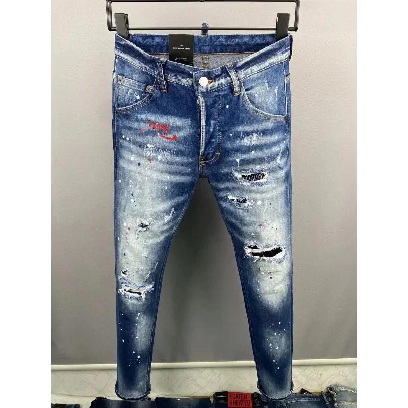

Hot High Quality 2024 Italian Fashion Brand Dsq2 Men's Washed, Worn, Ripped, Painted Biker ICON Denim Jeans Top