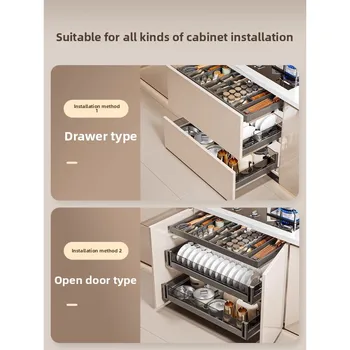 ตะกร้าดึงตู้ครัวสามชั้น, ตะกร้าจานแบบลิ้นชักสองชั้น, วาดอลูมิเนียมอัลลอยด์อวกาศ, บนโต๊ะอาหาร 2