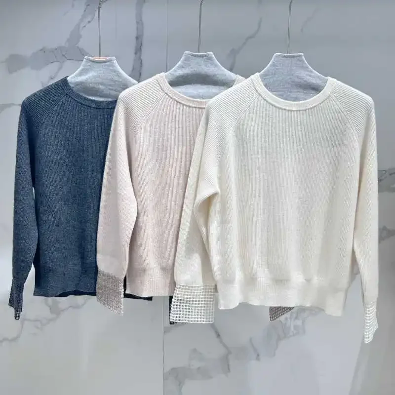 

New Autumn and Winter Women Pure Cashmere Round Neck Ribbed Long-sleeved Hollow Sequined Pullover Knitted Sweater
