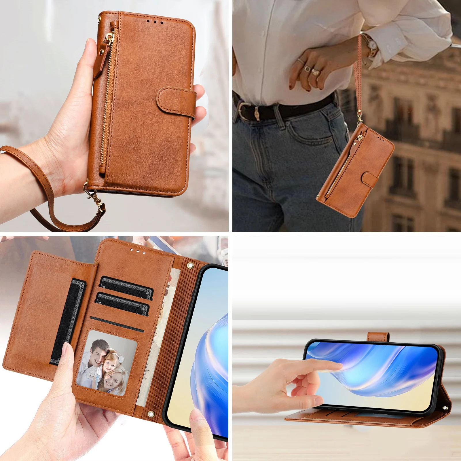 Luxurious Leather Wallet Phone Case with Strap and Zipper