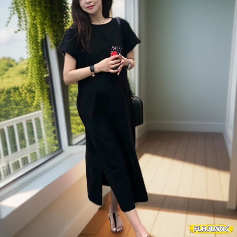 

Cotton Blends Loose Dresses New 2024 Summer Women Retro Vintage Casual Short Sleeve Black Long Dress