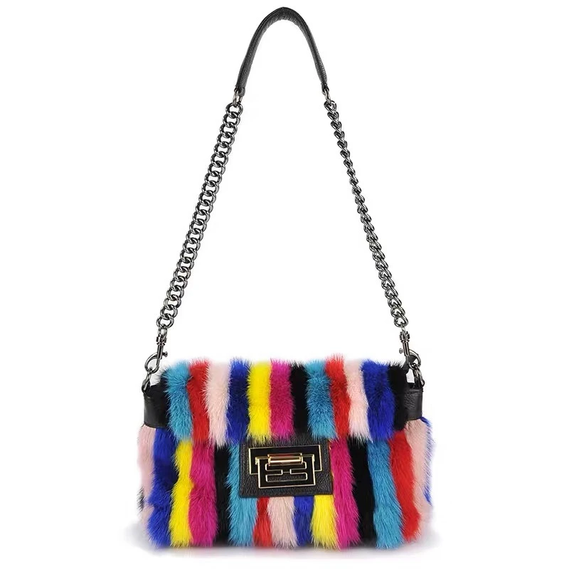 Women's Temperament Fashion Fur Shoulder Bag Colorful Striped Mink Fur Shoulder Bag Real Cowhide Chain Embellished Crossbody Bag