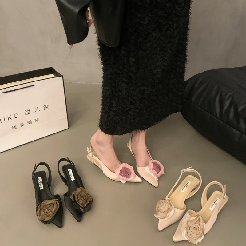 Women's Silk Flower Decorative Single Shoes Sexy Transparent PU Pointed Slingbacks High Heels Party Dress Women's Sandals Summer